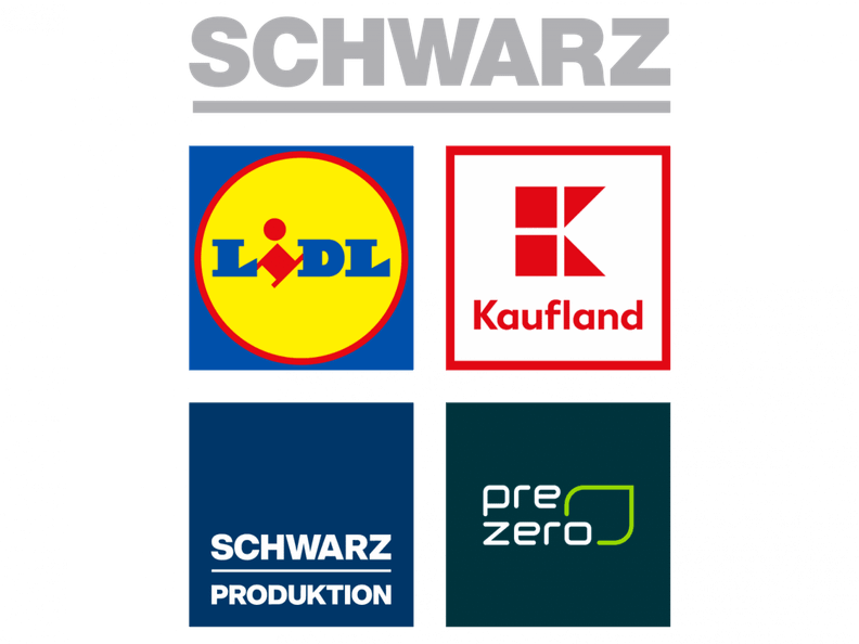 Image with the logo of the four company of the Schwarz Group : Lidl, Kaufland, Schwarz Produktion and PreZero