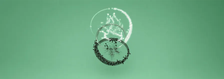 [AI-generated] Eine abstrakte 3D-Illustration zum Thema Dekarbonisierung auf mintgrünem Hintergrund. Sie zeigt den Übergang von einem unteren, dunklen Ring mit schwarzen Molekülstrukturen (symbolisch für fossile Brennstoffe/CO2) hin zu einem oberen, leuchtend weißen Ring und einer schwebenden Lichtwolke mit einem kreisförmigen Pfeil, der den Prozess der Kreislaufwirtschaft und Reinigung darstellt