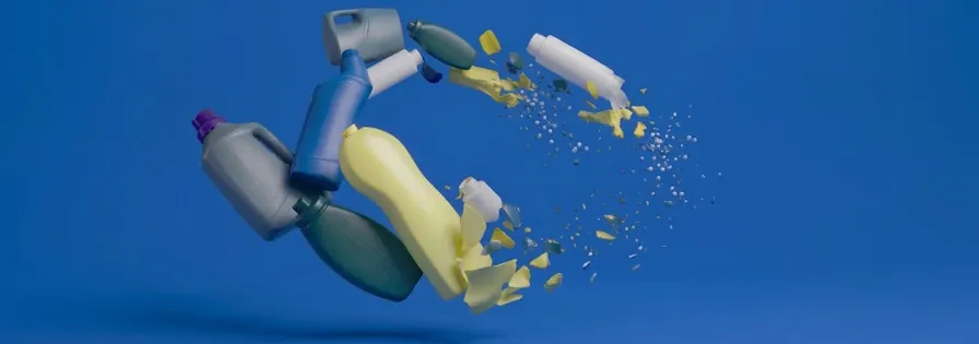 [KI-generiert] Schwebende Plastikflaschen zerfallen vor blauem Hintergrund in Granulat, ein Symbol für modernes Kunststoffrecycling