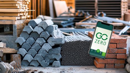 En telefon med GoZero appen som ligger på en bild med byggmaterial som blivit över.
