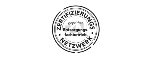 Rundes schwarzes Siegel 'Zertifizierungs Netzwerk – geprüfter Entsorgungsfachbetrieb'