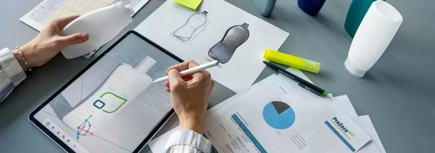 Hände entwerfen am Tablet ein Flaschendesign, umgeben von Skizzen, Daten und Plastikflaschen